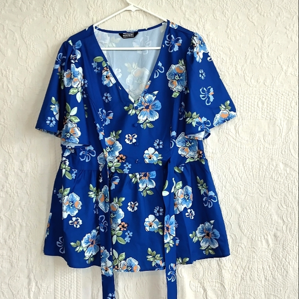 Bloomchic Blue Peplum Top, 2x Floral Blouse, Plus Size Business Casual
